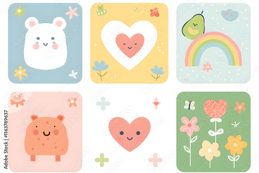 A set of pastel colored square icons with cute illustrations, pencil drawings and simple shapes, Generative ai A set of pastel colored square icons with cute illustrations, pencil drawings and simple shapes, Generative ai