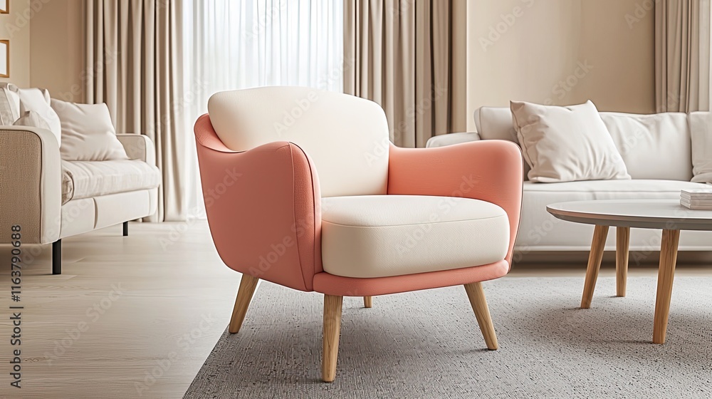 A soft coral and cream armchair with wooden legs, placed centrally in a modern living room A soft coral and cream armchair with wooden legs, placed centrally in a modern living room