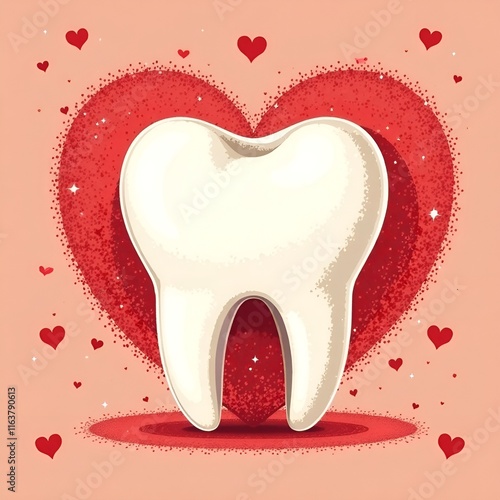 Tooth on red Heart background. Valentine's Day Dental clinic poster cover template. Perfect Valentine Day dentist Sale concept.  photo