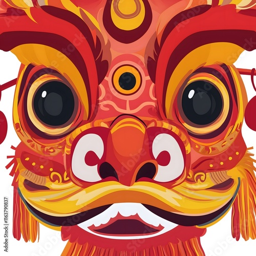 Wallpaper Mural Vibrant Lion Dance Mask: Close-up of a traditional lion dance mask, rich in red and gold hues, detailed patterns and expressive features.  Perfect for Lunar New Year celebrations and cultural events. Torontodigital.ca