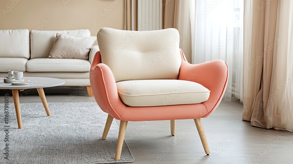 A soft coral and cream armchair with wooden legs, placed centrally in a modern living room A soft coral and cream armchair with wooden legs, placed centrally in a modern living room