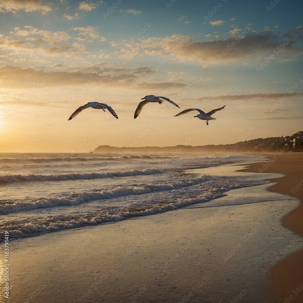 Naklejka premium A pair of seagulls flying above a golden beach at dusk.