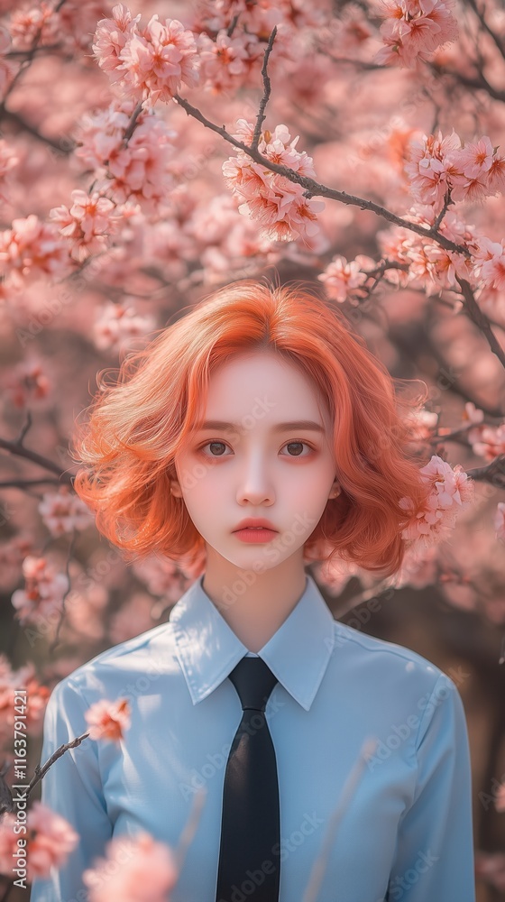 Girl with Short Orange Hair Posing in Blossom Tree Soft Pastel Style Girl with Short Orange Hair Posing in Blossom Tree Soft Pastel Style