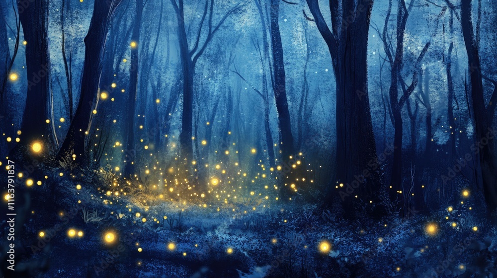 Magical blue forest path with fireflies at night. Magical blue forest path with fireflies at night.