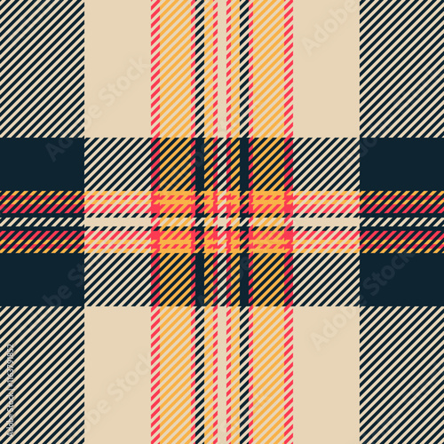 Stylish abstract plaid pattern featuring diagonal stripes in beige, navy, yellow, and coral. Ideal for fashion, textiles, website backgrounds, or any design needing a modern geometric texture.