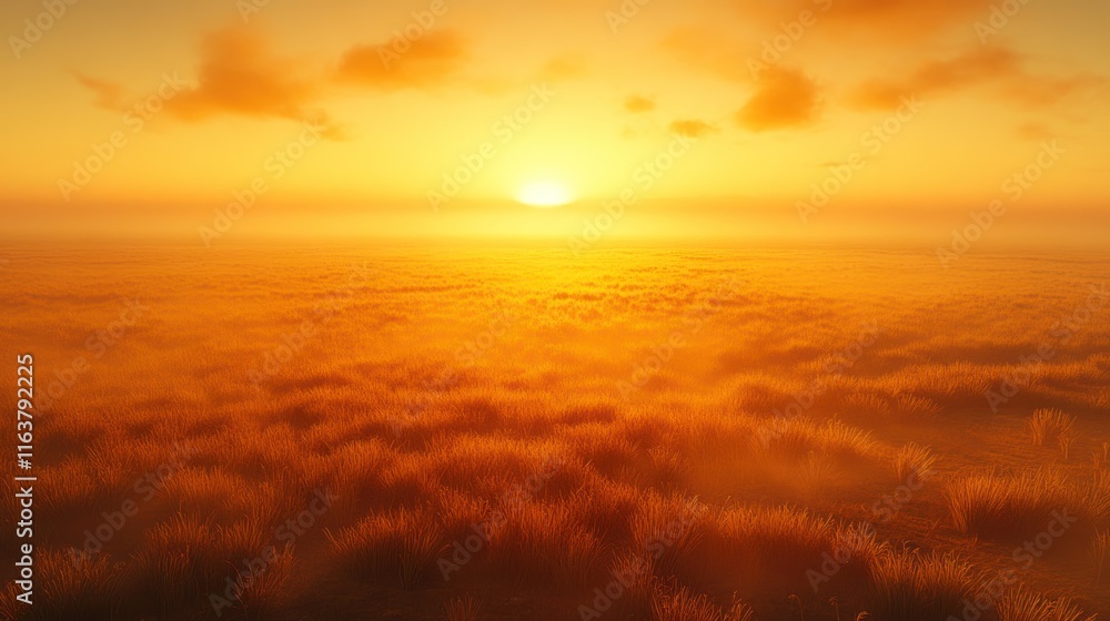 Obraz premium Golden sunset over misty field.