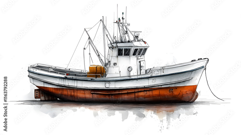 Detailed Illustration of a Fishing Trawler Vessel Docked at a Wharf, White and Rust Colored Hull, Detailed Ropes and Fishing Gear Detailed Illustration of a Fishing Trawler Vessel Docked at a Wharf, White and Rust Colored Hull, Detailed Ropes and Fishing Gear