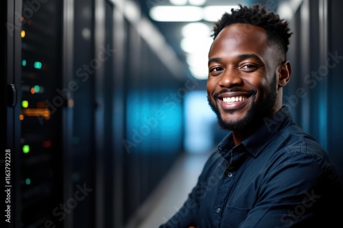  portrait of a smiling senior Swazi male IT worker looking at the camera, against dark server room  background. photo