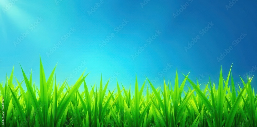 Fototapeta premium Lush green grass overlay on a deep blue sky backdrop , background, blue, bright