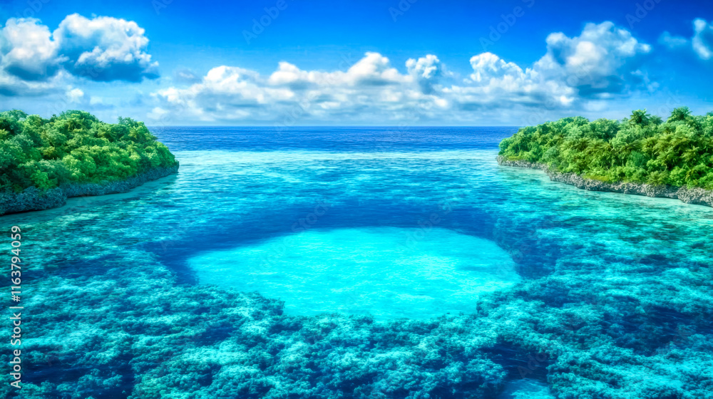 Fototapeta premium Submerged atoll embracing a coral lagoon in turquoise water