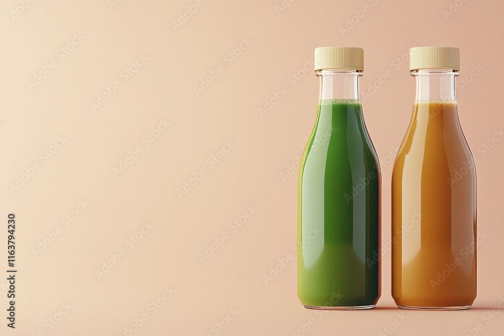Bottles of vibrant juices stand out against soft, neutral backdr Bottles of vibrant juices stand out against soft, neutral backdr
