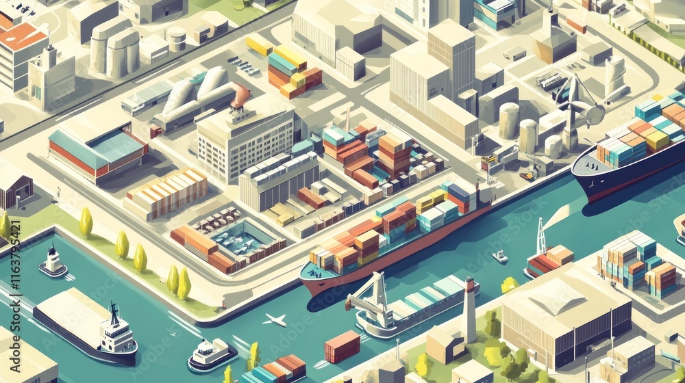 Isometric view of a busy harbor with cargo ships, containers, and industrial buildings. Isometric view of a busy harbor with cargo ships, containers, and industrial buildings.