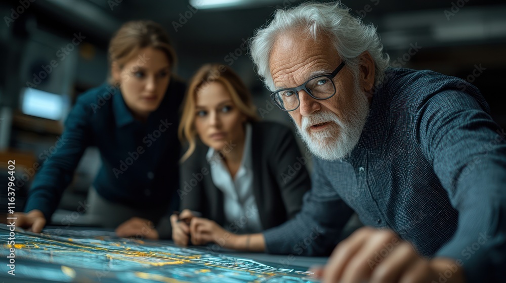 Senior engineer with team reviewing blueprints. Senior engineer with team reviewing blueprints.