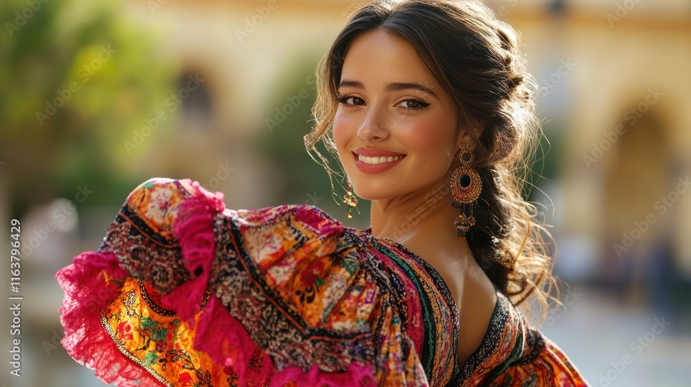 Smiling woman in vibrant dress, looking over shoulder. Smiling woman in vibrant dress, looking over shoulder.