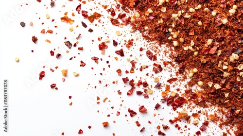 Fototapeta Naklejka Na Ścianę i Meble -  Scatters of red pepper powder. Vector realistic illustration of ground paprika and chili pepper seasoning. Splashes of hot dried spice isolated on white background