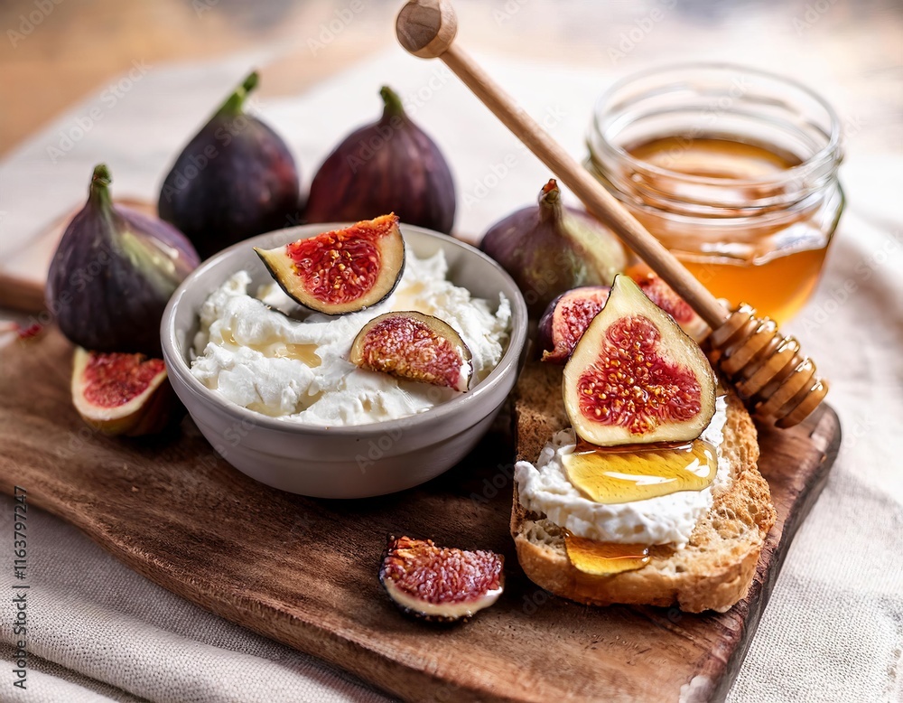 Delicious italian breakfast with ricotta, honey, figs, and toasted bread Delicious italian breakfast with ricotta, honey, figs, and toasted bread