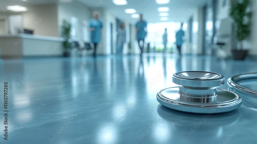 Stethoscope on shiny floor, blurred hospital hallway background. Stethoscope on shiny floor, blurred hospital hallway background.