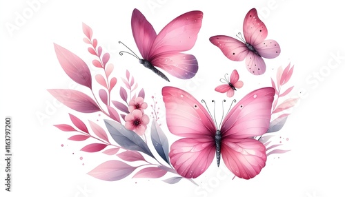 pink butterflies in watercolor style isolated on white or transparent png