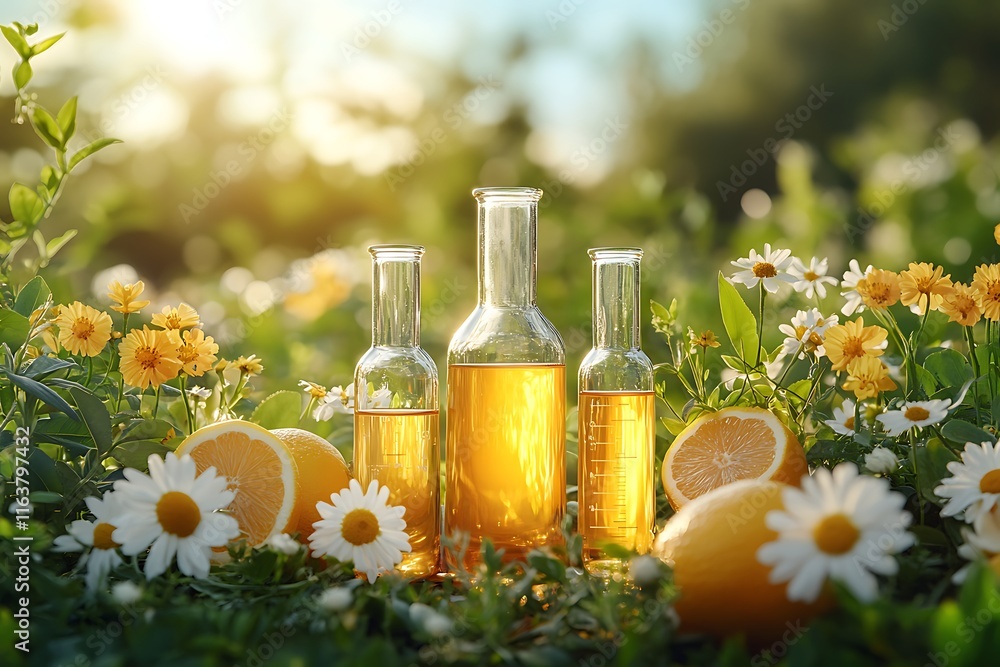 Essence of flowers on a table in a beautiful glass jar Essence of flowers on a table in a beautiful glass jar