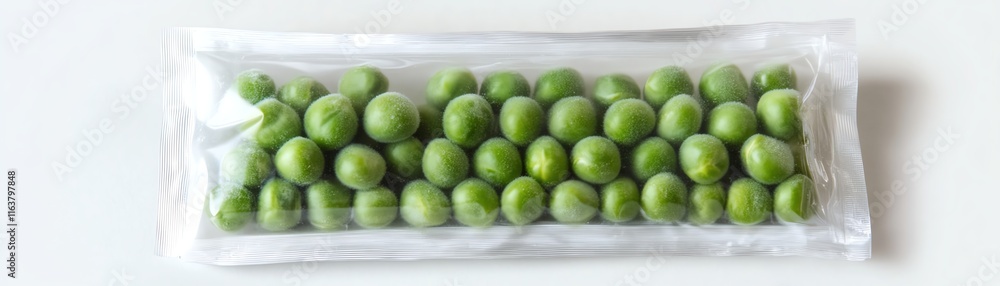 Pack of fresh green peas in clear packaging, white isolate background. Pack of fresh green peas in clear packaging, white isolate background.