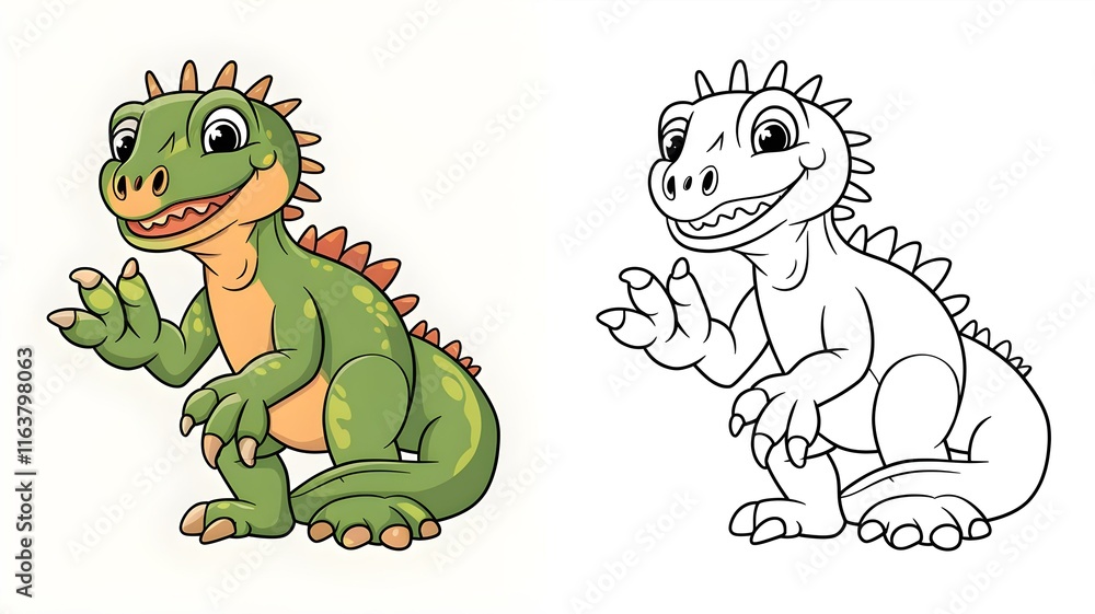 Obraz premium Cute Dinosaur Coloring Page for Kids - Cartoon Illustration