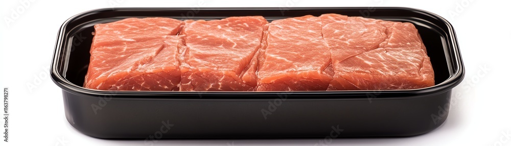 Raw beef steak isolated on a white background in a black tray. Raw beef steak isolated on a white background in a black tray.