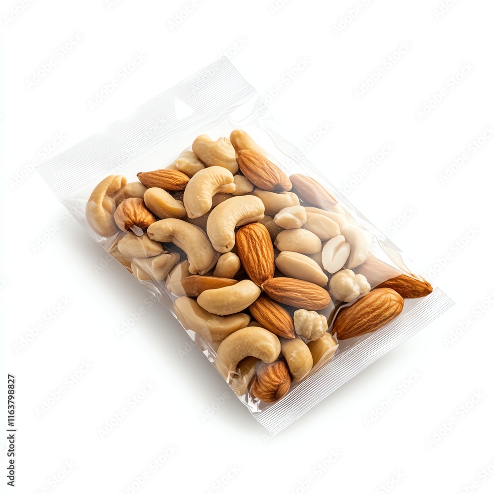 Mixed nuts in a clear package, white isolated background. Mixed nuts in a clear package, white isolated background.
