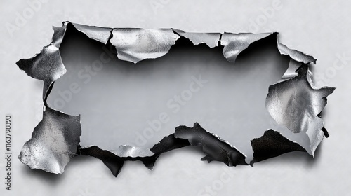 Torn hole, ragged crack in steel sheet. Vector realistic mockup of ripped edges of metal break isolated on transparent background. Damaged metallic page from cut or explosion