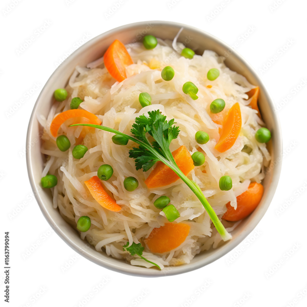 Sauerkruat with carrot and green onion in white bowl isolated on transparent background Sauerkruat with carrot and green onion in white bowl isolated on transparent background