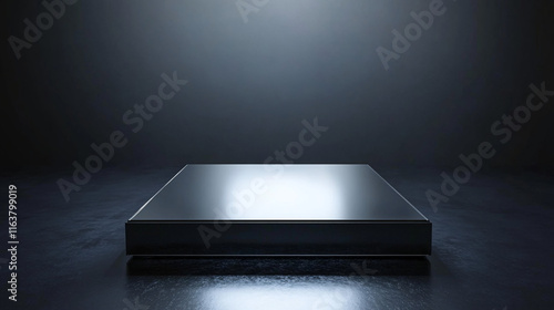 A mirror-black rectangular platform on a dark background, featuring a sleek and modern design that emphasizes depth and reflection in a minimalist aesthetic.