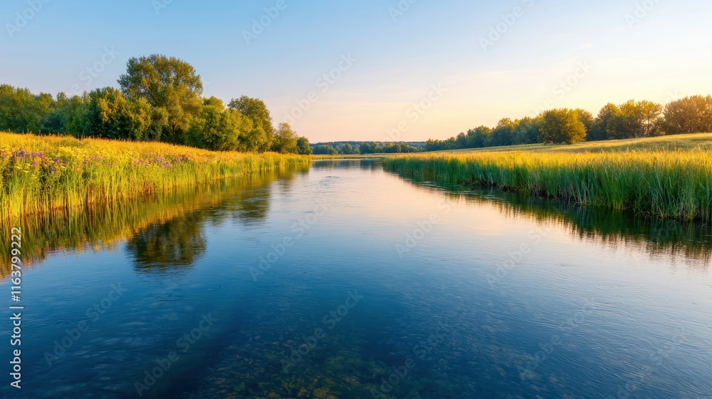Tranquil River Landscape with Lush Greenery and Clear Blue Sky Tranquil River Landscape with Lush Greenery and Clear Blue Sky