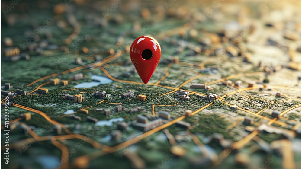 A 3D model of a map with a red location pin, emphasizing navigation, exploration, and location tracking, showcasing the use of digital tools in modern mapping and travel planning. A 3D model of a map with a red location pin, emphasizing navigation, exploration, and location tracking, showcasing the use of digital tools in modern mapping and travel planning.