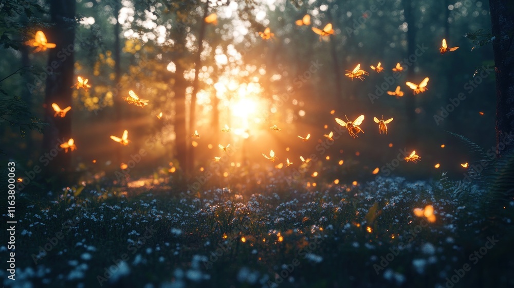 Naklejka premium Magical sunset in forest with glowing butterflies.