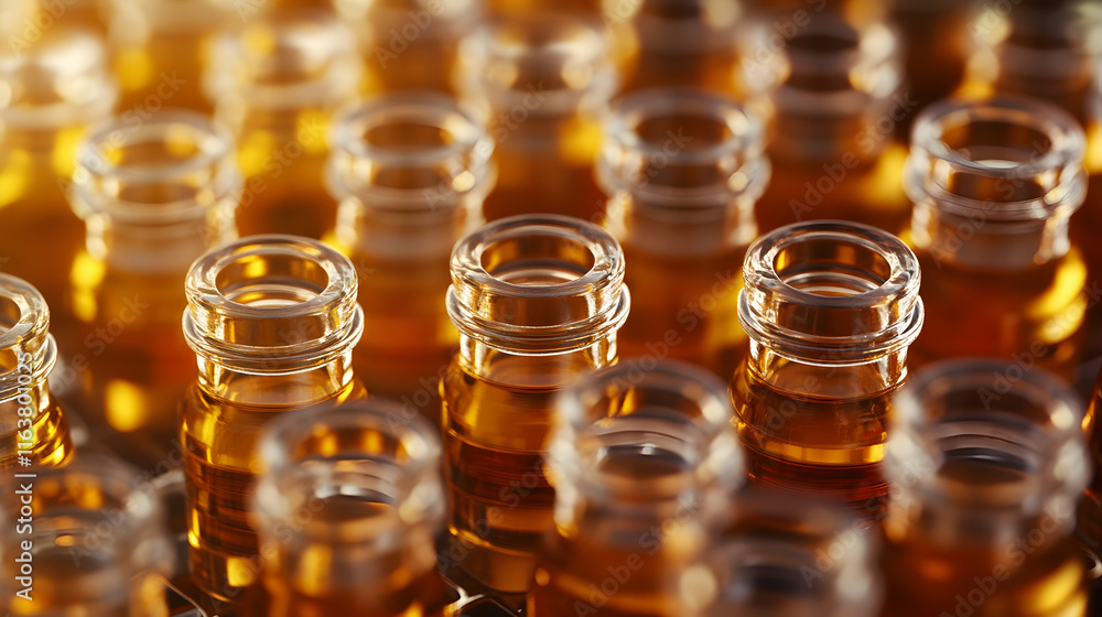 Neatly arranged vials filled with amber liquid, signifying medicinal or scientific purposes in a careful arrangement Neatly arranged vials filled with amber liquid, signifying medicinal or scientific purposes in a careful arrangement
