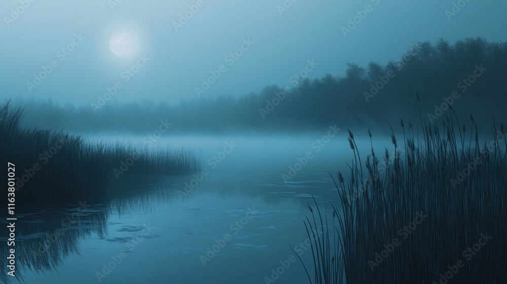 Fototapeta premium Serene moonlit lake shrouded in mist, tranquil water reflecting the pale moonlight, tall grasses at the edges.