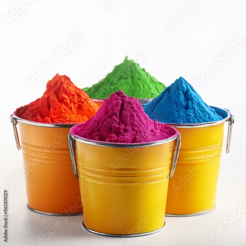 Indian festival happy holi, colorful holi powder or gulal in group of buckets on isolated on white background