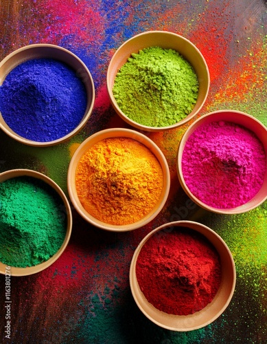 Indian festival happy holi, colorful holi powder or gulal in group of bowls on colourfully splash background photo