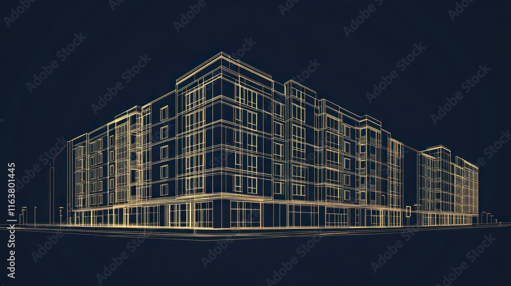Fototapeta premium Wireframe model of a modern apartment building.
