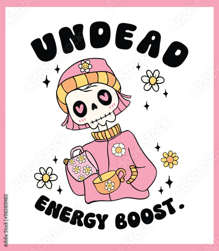 Cute Groovy Retro Skeleton Barista Energy Boost Hand Drawn affirmation coffee card
