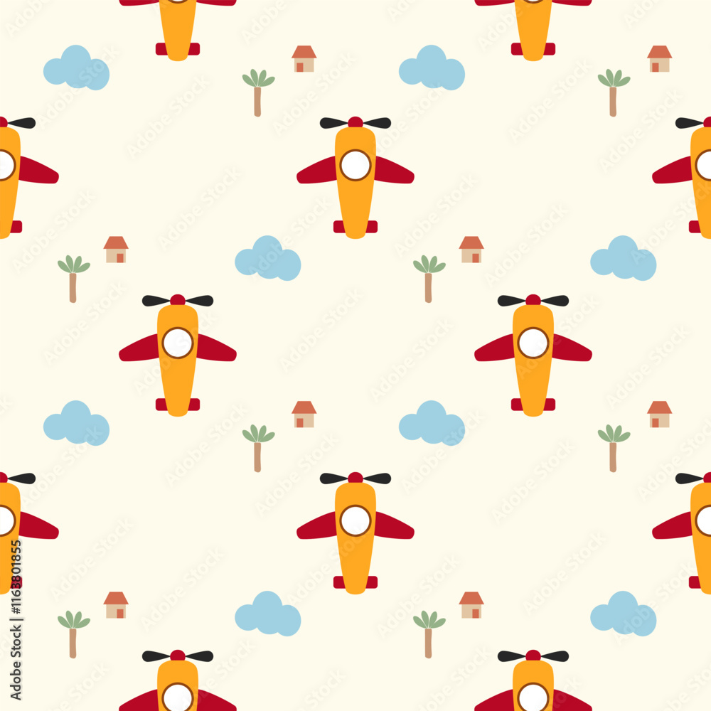 Fototapeta premium Airplane cartoon so cute. On cloud tree house background. Pattern seamless vector illustration. 