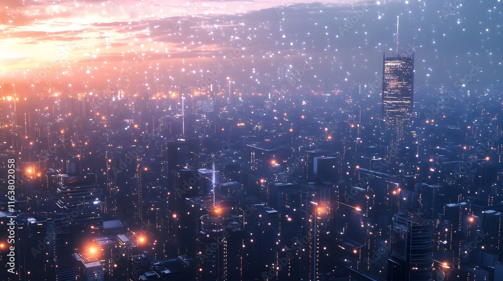 Fototapeta premium Futuristic Cityscape at Twilight Glowing with Digital Particles