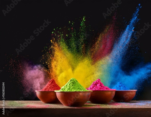 Indian festival happy holi, colorful holi powder or gulal in group of bowls on colourfully splash background photo