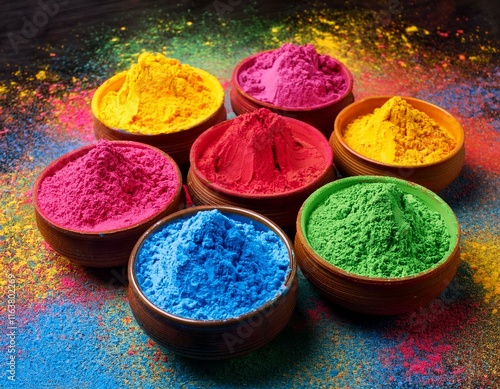 Indian festival happy holi, colorful holi powder or gulal in group of bowls on colourfully splash background photo