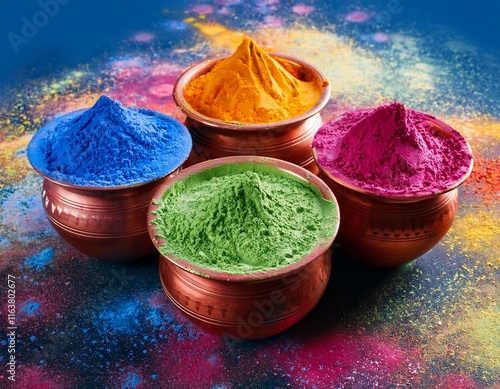 Indian festival happy holi, colorful holi powder or gulal in group of pots on colourfully splash background photo