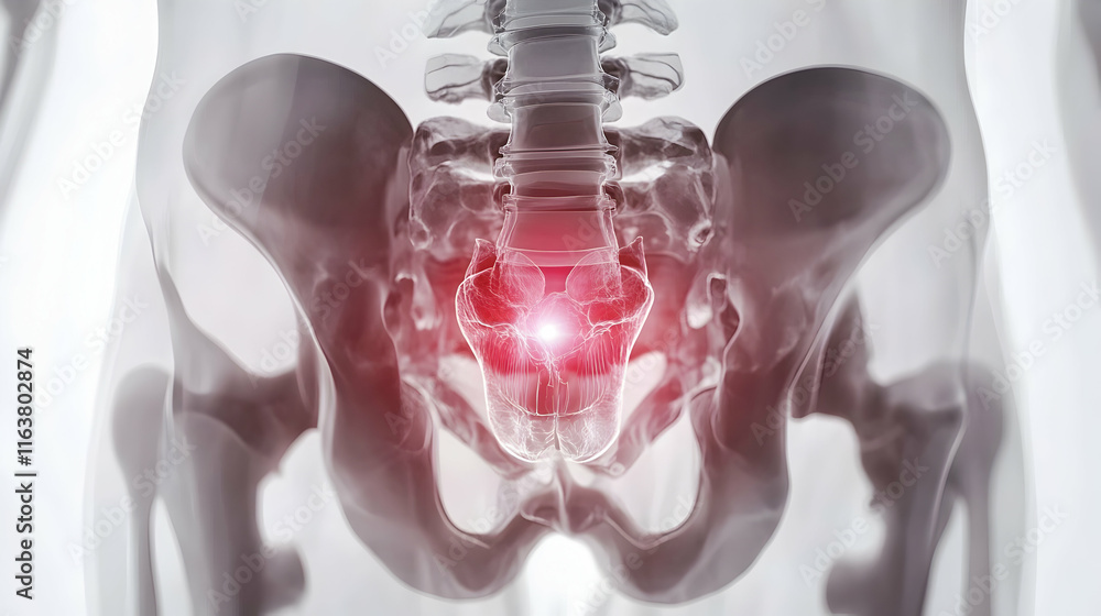 Orthopedic X-ray image of a hip joint, highlighting a replacement implant and surrounding bone Orthopedic X-ray image of a hip joint, highlighting a replacement implant and surrounding bone