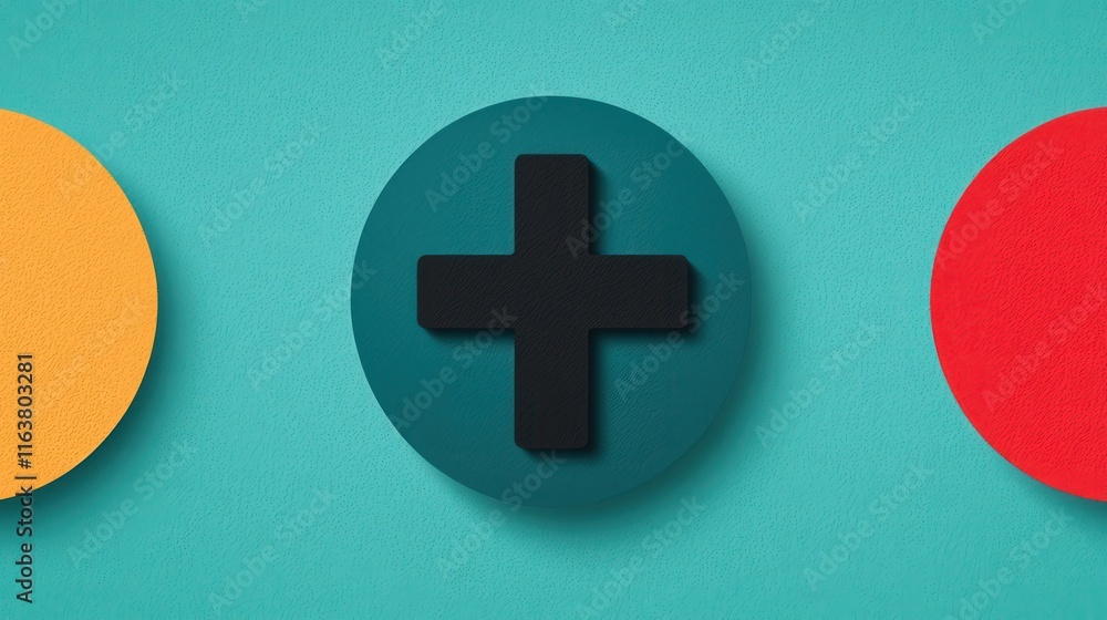 Obraz premium Colorful Minimalist Shapes with Black Plus Sign on Turquoise Background