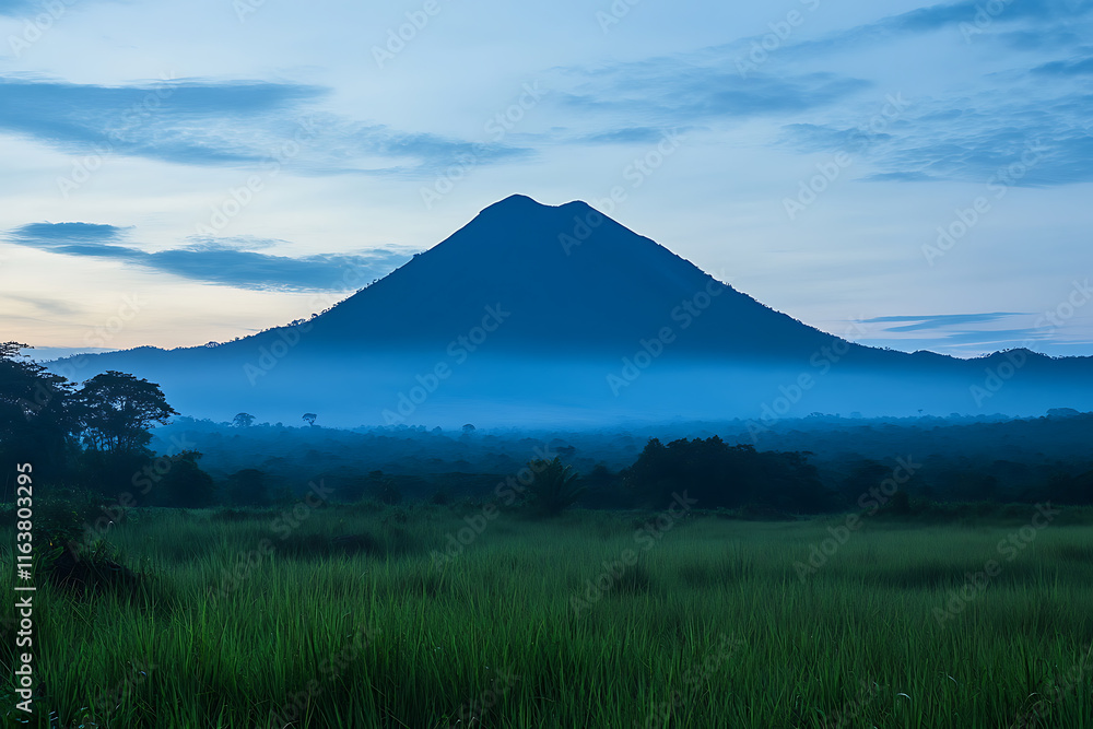 landscape with clouds dense early morning mist settles around a lush green field leading to a prominent, symmetrical volcanic mountain under a tranquil blue dawn sky. landscape with clouds dense early morning mist settles around a lush green field leading to a prominent, symmetrical volcanic mountain under a tranquil blue dawn sky.