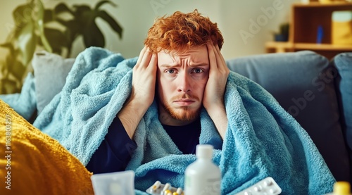 Un homme malade aux cheveux roux dans un canapé à la maison, enveloppé dans une couverture bleue, se tenant la tête avec ses mains. Concept de grippe et de fièvre.
