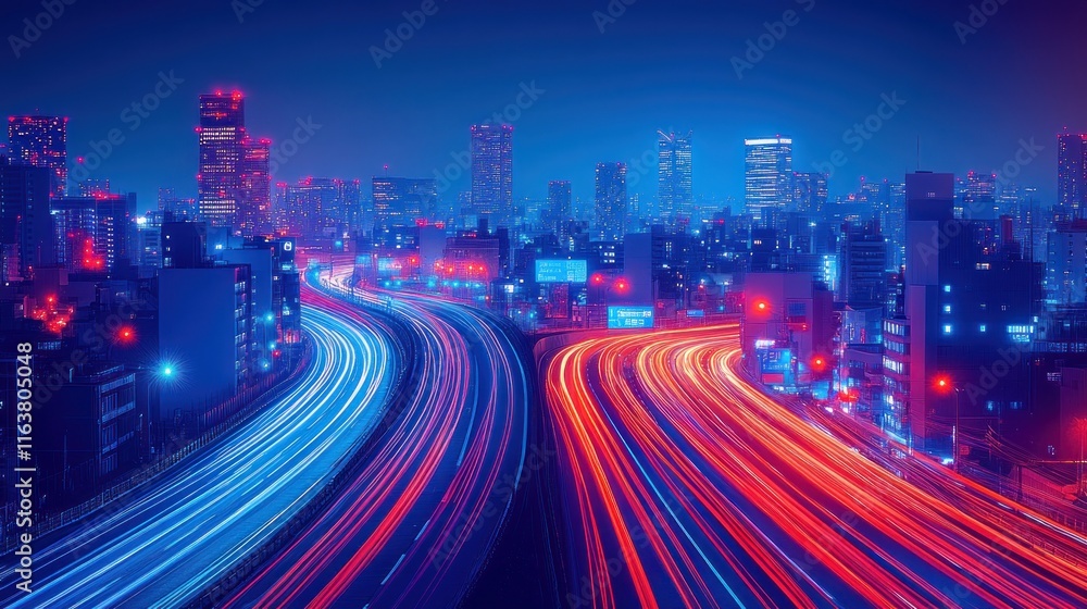 Fototapeta premium Night cityscape with vibrant light trails on highway.