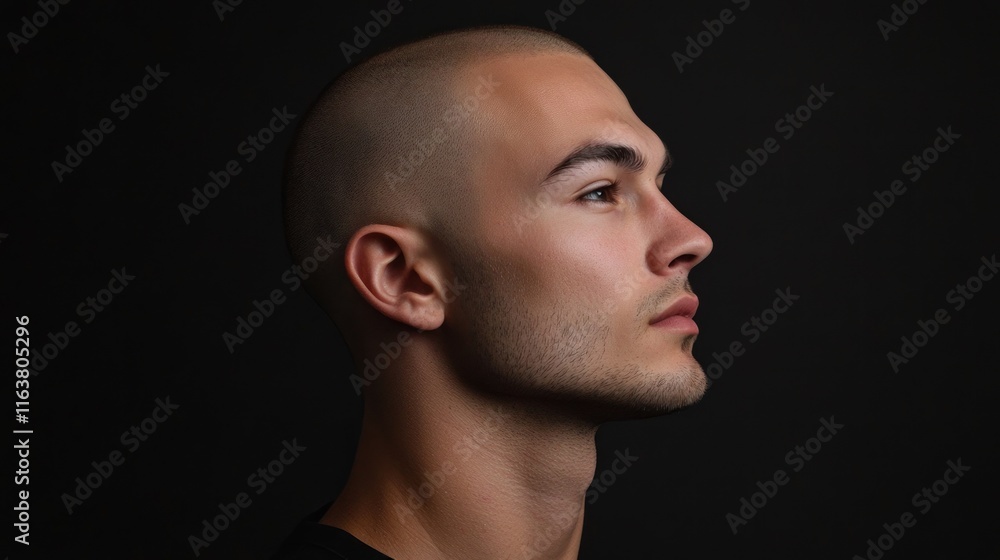 Profile portrait of a young, bald man against a black background. Profile portrait of a young, bald man against a black background.